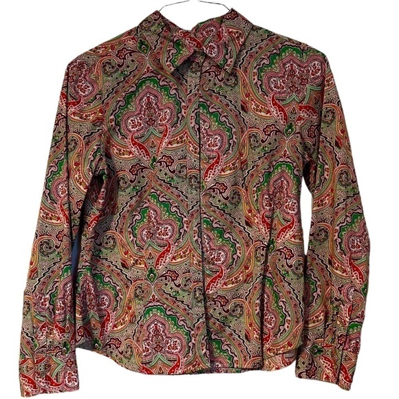 Talbots Stretch Poly Spandex Paisley Vibrant Colors Button Down Shirt Size 10P - Picture 1 of 8